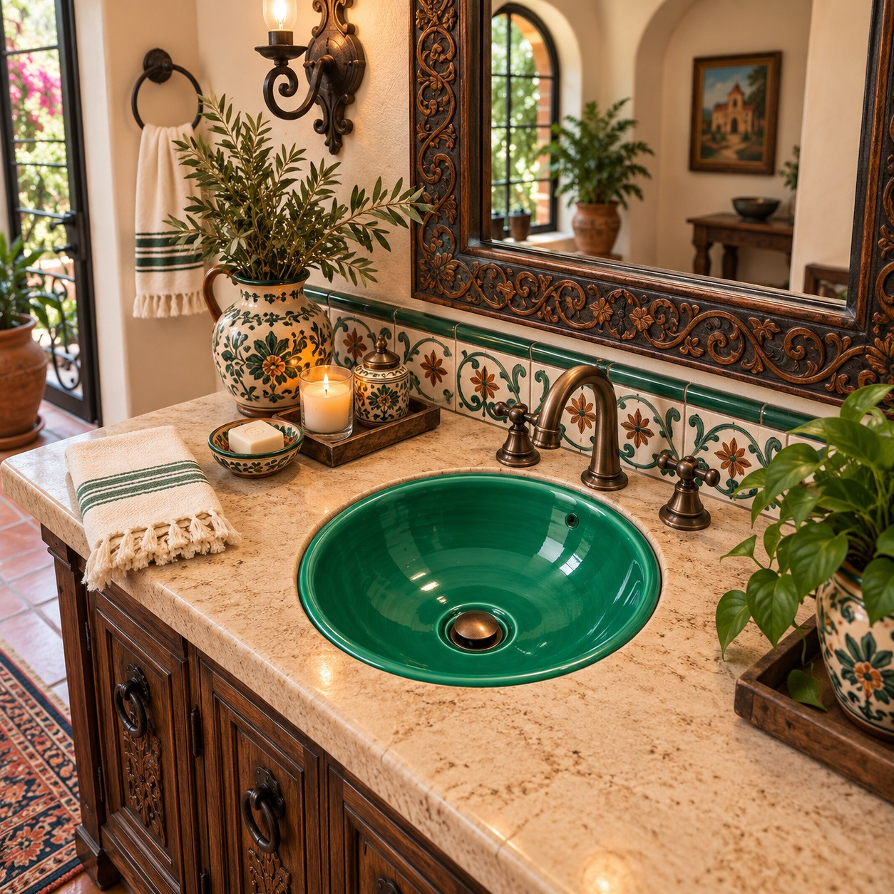 Round talavera bathroom sink solid green gloss design in a Spanish Revival vanity