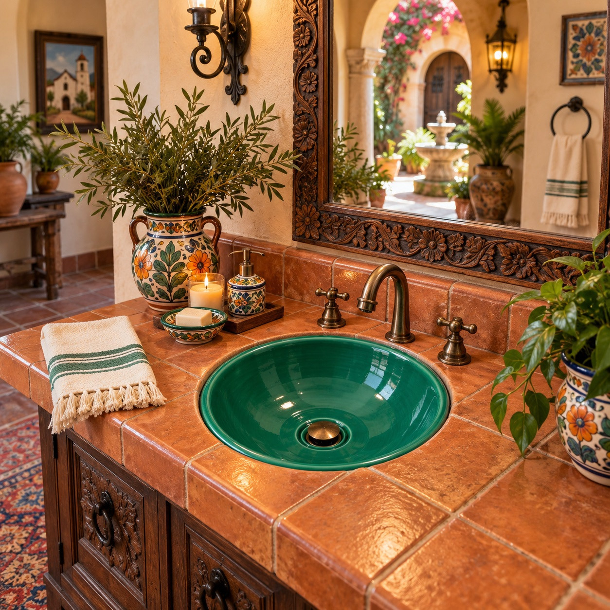 Round talavera bathroom sink solid green gloss design in a colorful Mexican hacienda