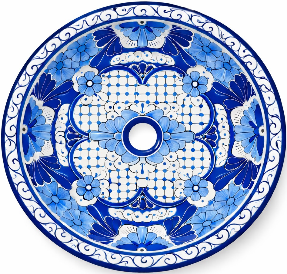Round talavera bathroom sink blue floral Mexican design