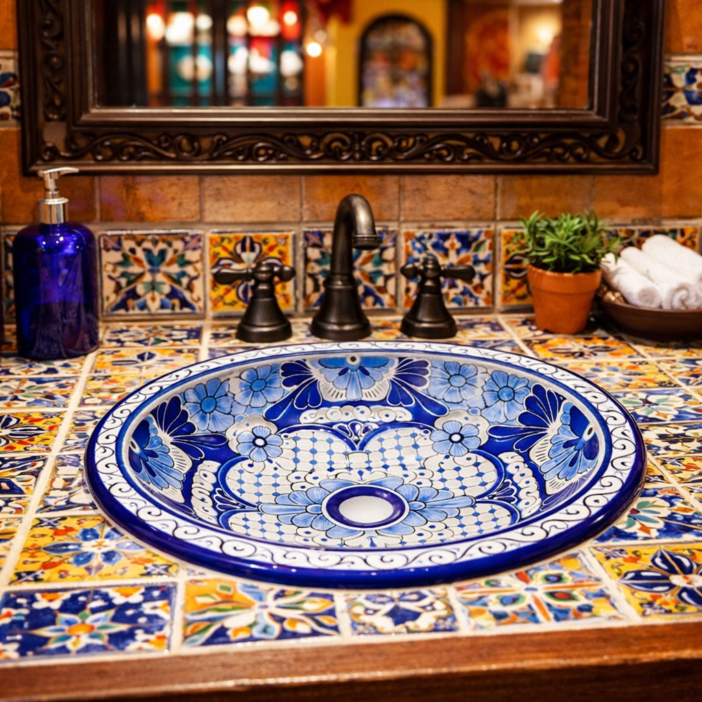 Round talavera bathroom sink blue floral Mexican design in Mexican restaurant restroom setting