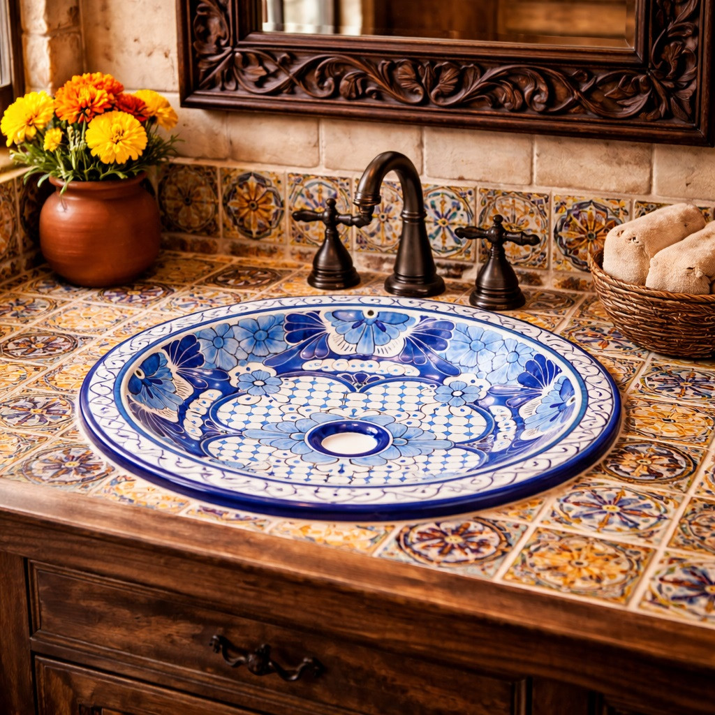 Round talavera bathroom sink blue floral Mexican design in hacienda bathroom with warm textures
