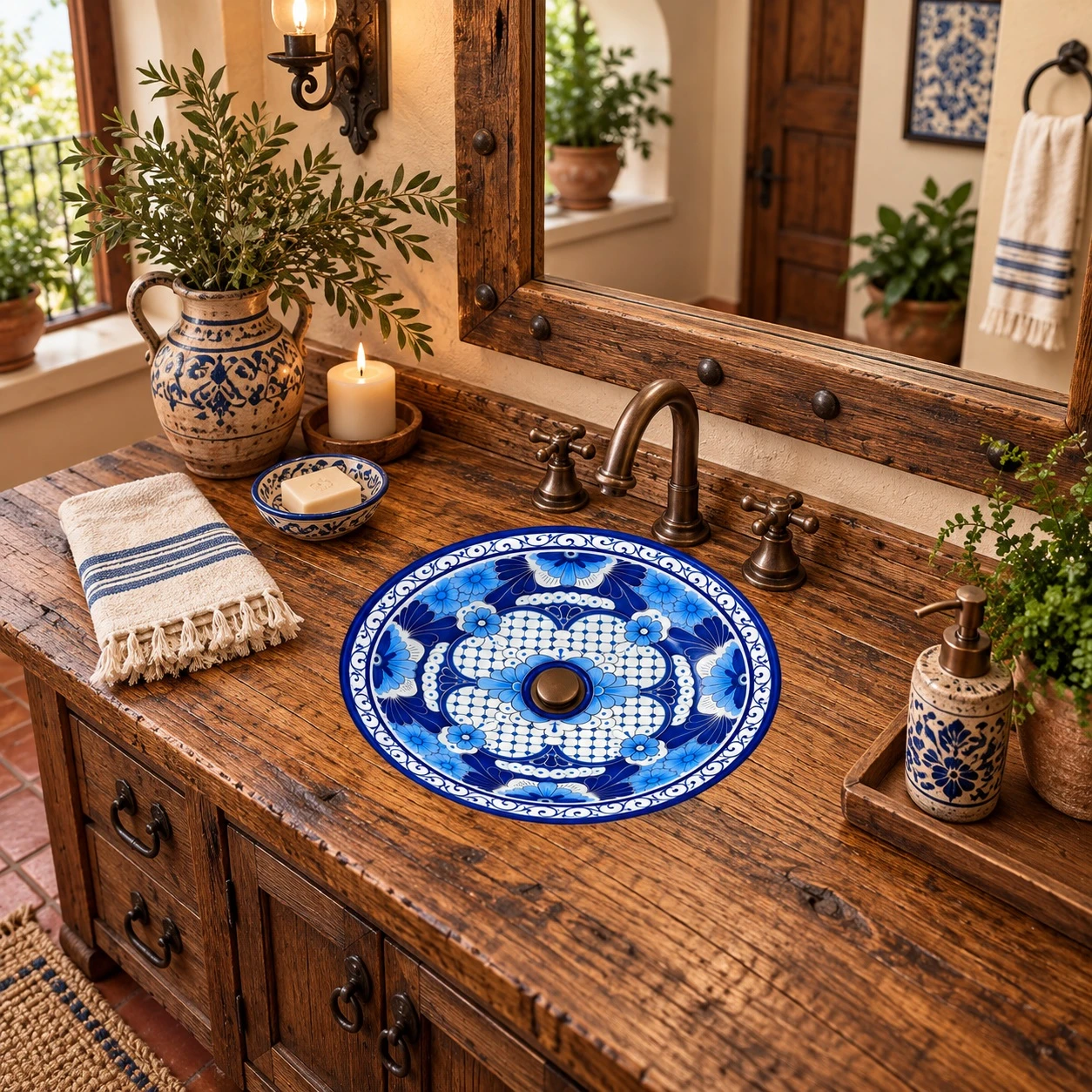 Round talavera bathroom sink blue floral Mexican design in a warm rustic bathroom vanity