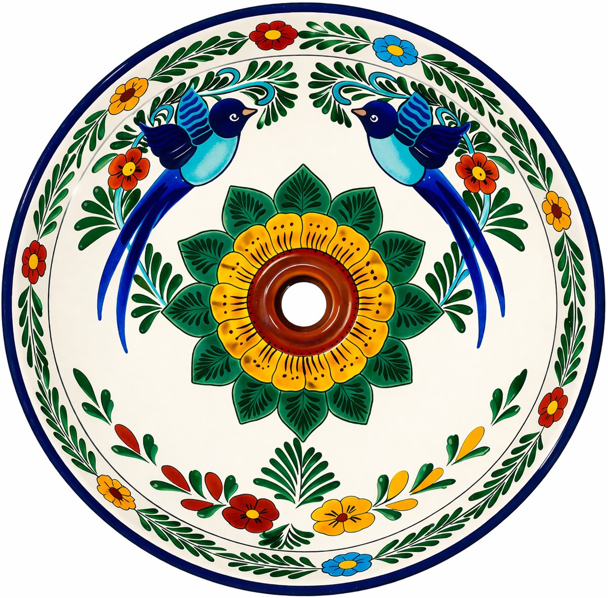 Round talavera bathroom sink bird floral design Mexico