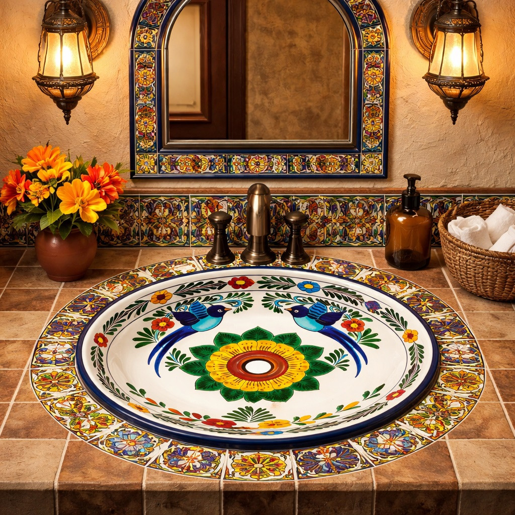 Round talavera bathroom sink bird floral design Mexico featured in a restaurant washroom with artisan decor details