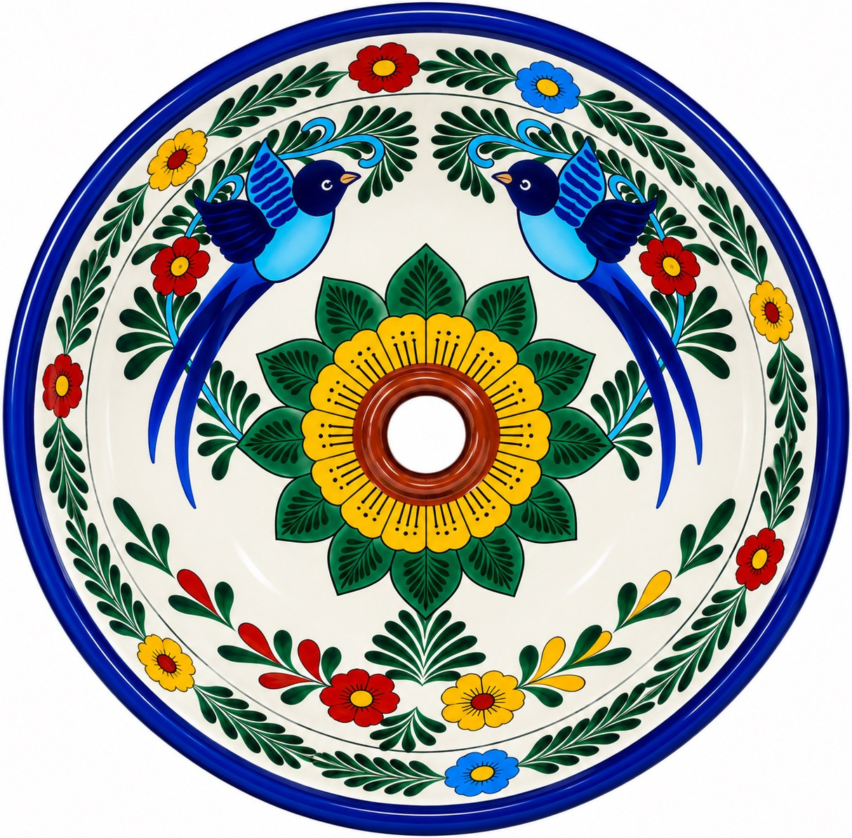 Round talavera bathroom sink bird floral design Mexico