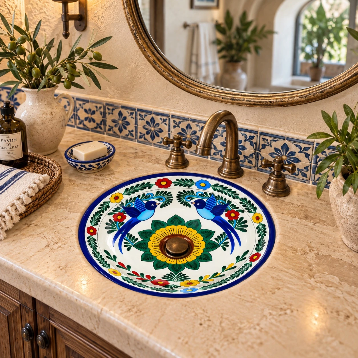 Round talavera bathroom sink bird floral design Mexico in a Mediterranean bathroom setting
