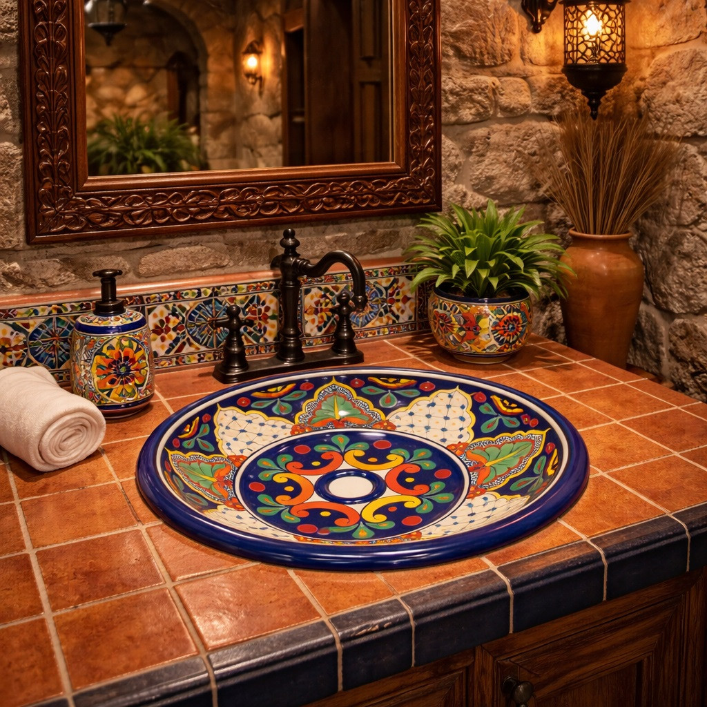 Round talavera bathroom sink blue ornate design Mexico placed in a hacienda bathroom with stone walls and rustic wood