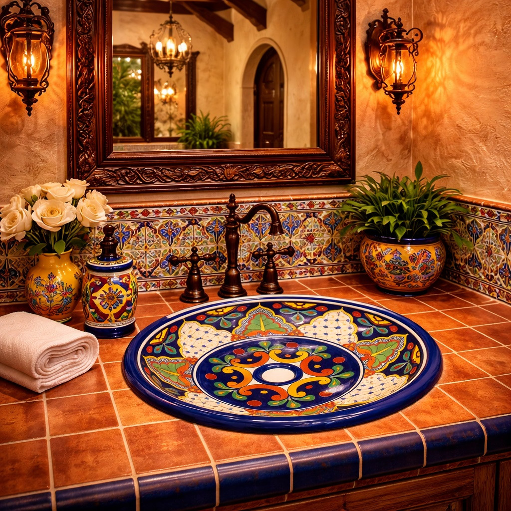 Round talavera bathroom sink blue ornate design Mexico in a Spanish Revival bathroom with tile vanity and warm lighting