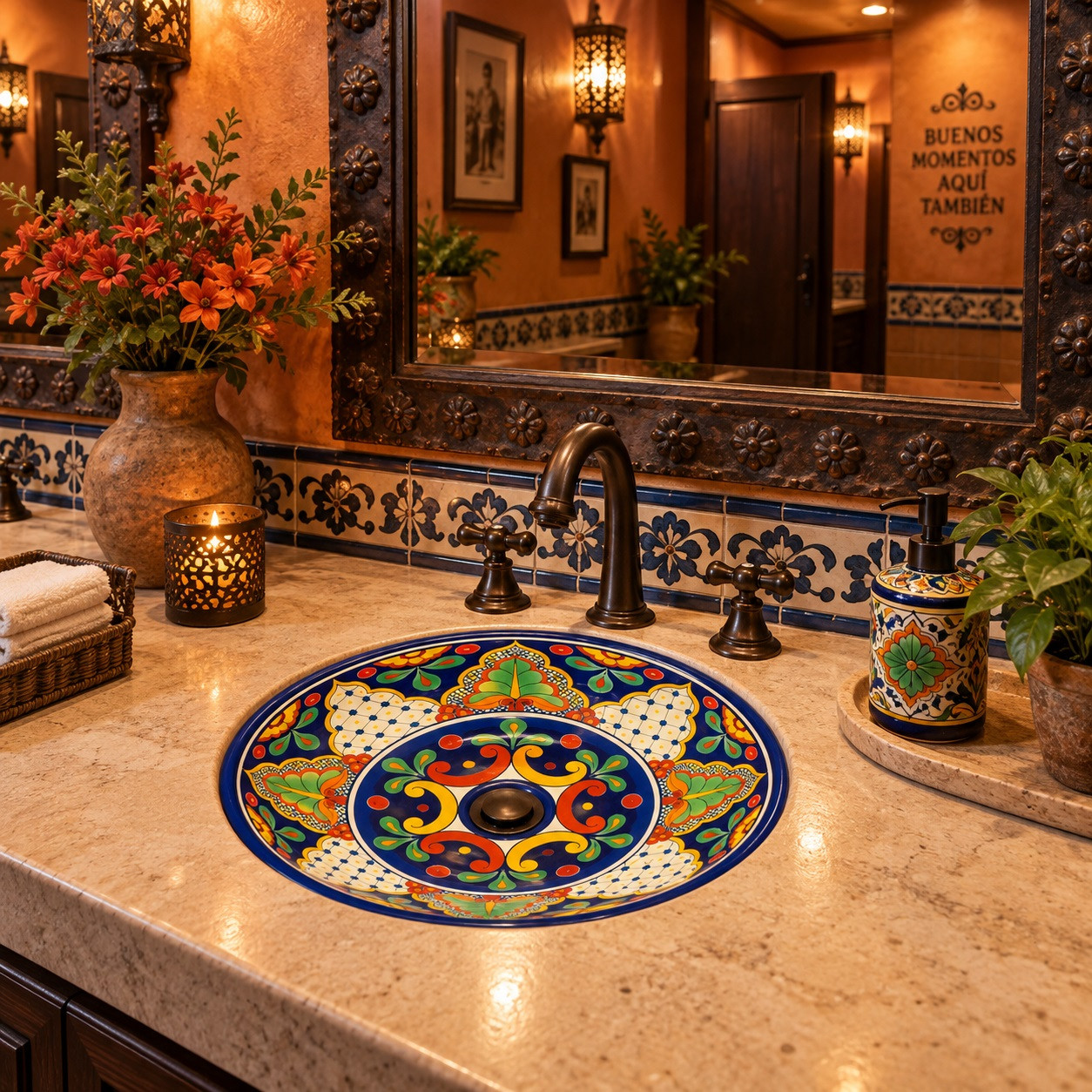 Round talavera bathroom sink blue ornate design Mexico featured in a restaurant washroom with artisan decor elements