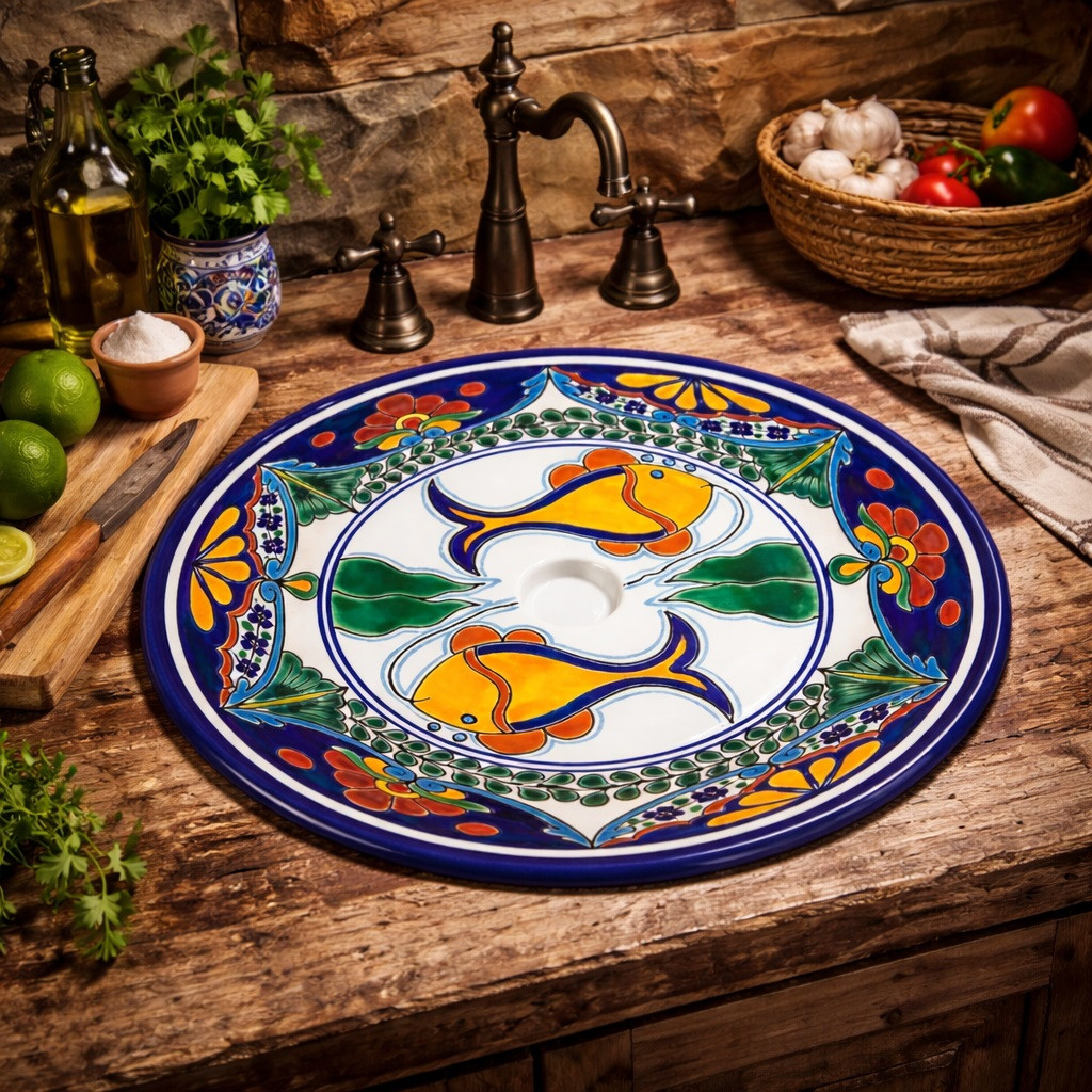 Round talavera bathroom sink colorful fish design style installed in rustic kitchen bar with natural textures