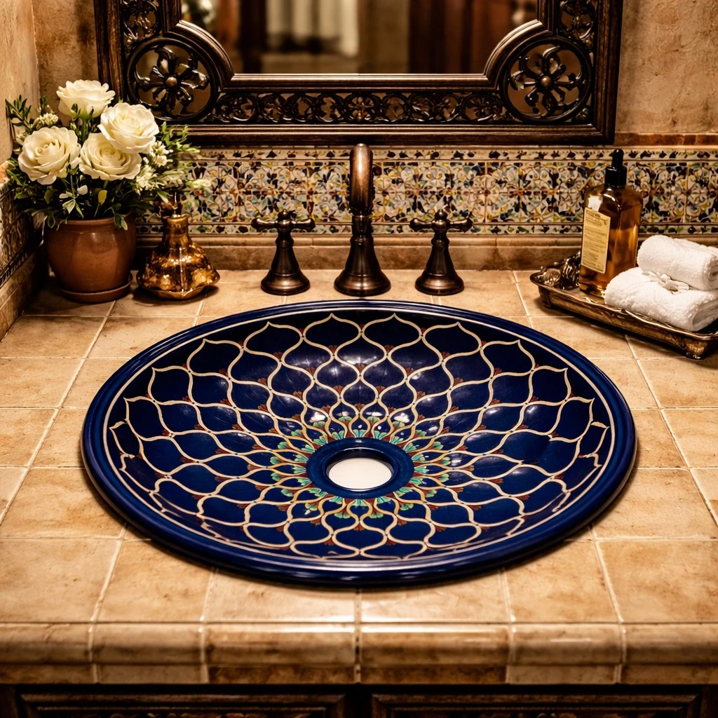 Round talavera bathroom sink blue mandala design Mexico styled in a Spanish vanity with iron accents and tile backsplash