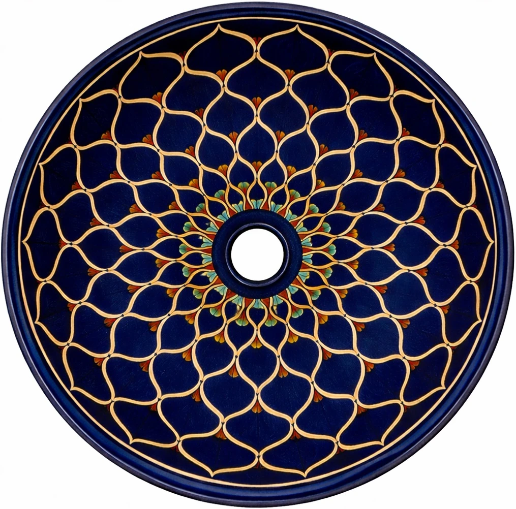 Round talavera bathroom sink blue mandala design Mexico