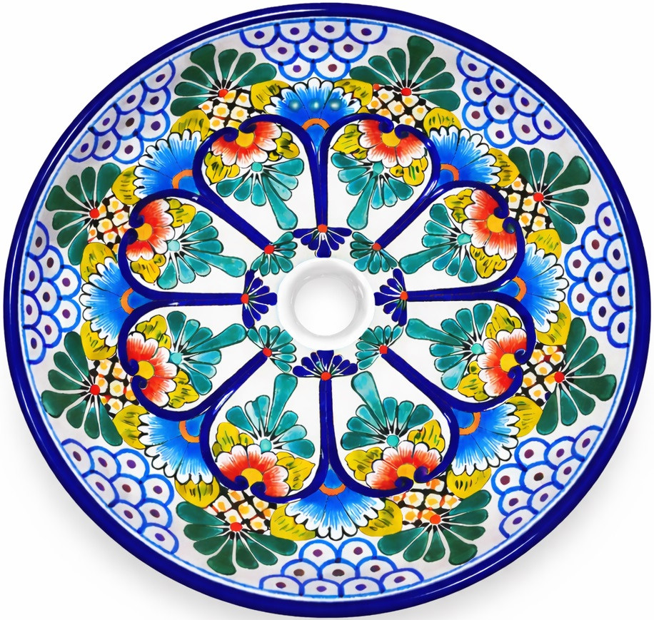 Round talavera bathroom sink blue floral design Mexico