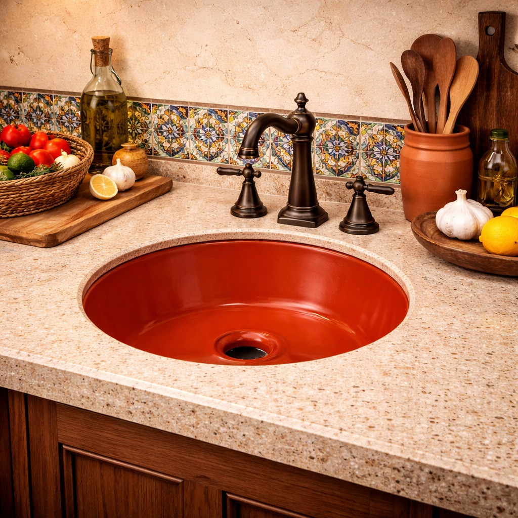 Round talavera bathroom sink solid terracotta ceramic design in Mediterranean kitchen space