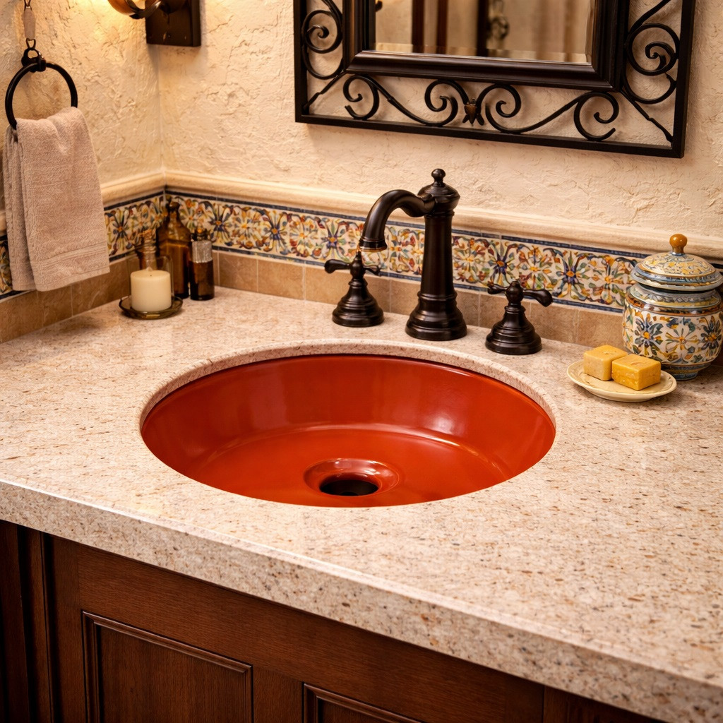 Round talavera bathroom sink solid terracotta ceramic design in Spanish Revival bathroom