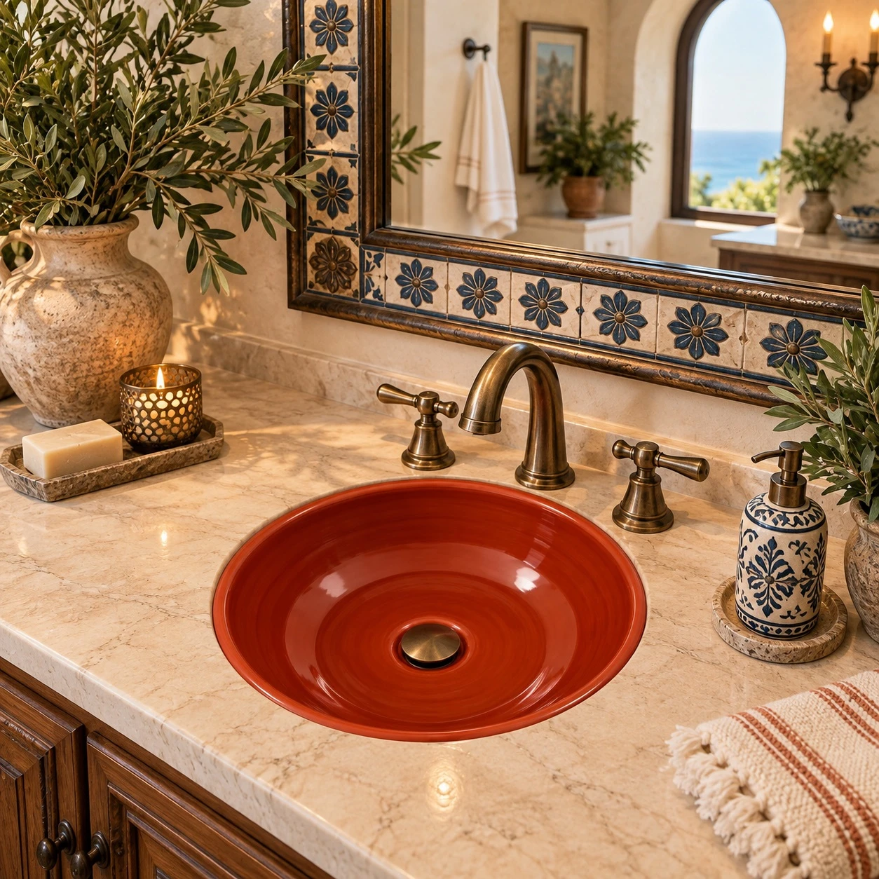 Round talavera bathroom sink solid terracotta ceramic design in Mediterranean bathroom