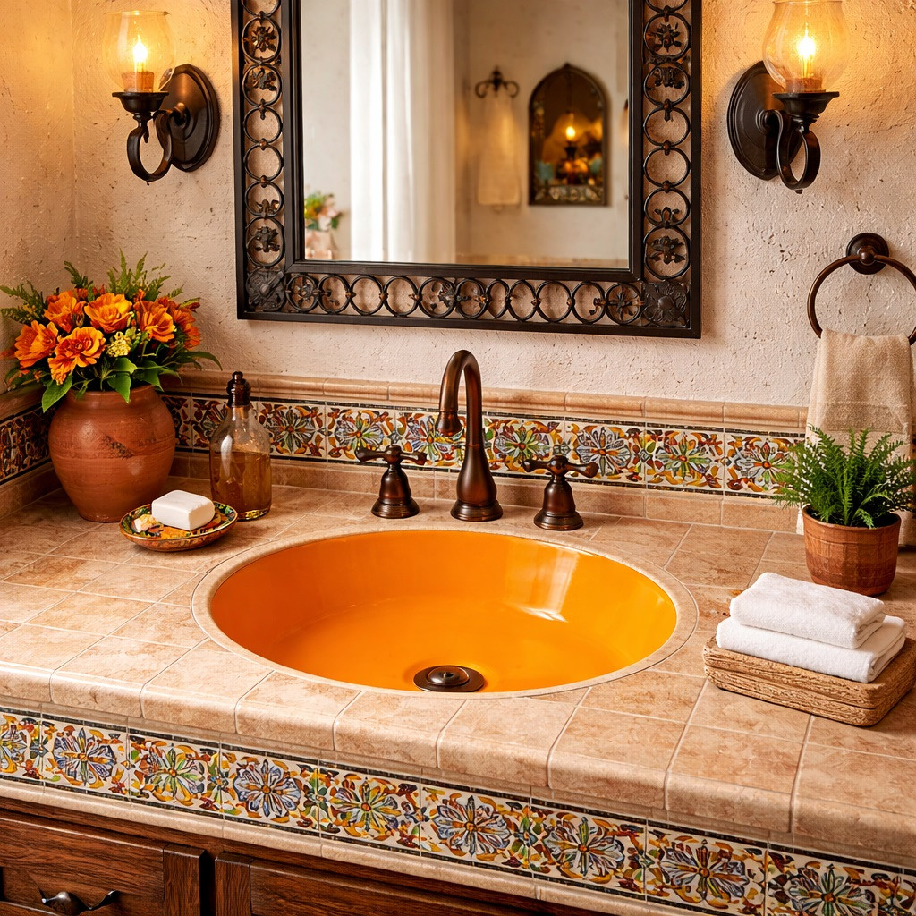 Round Mexican bathroom sink solid orange talavera design in Spanish Revival bathroom with warm tones
