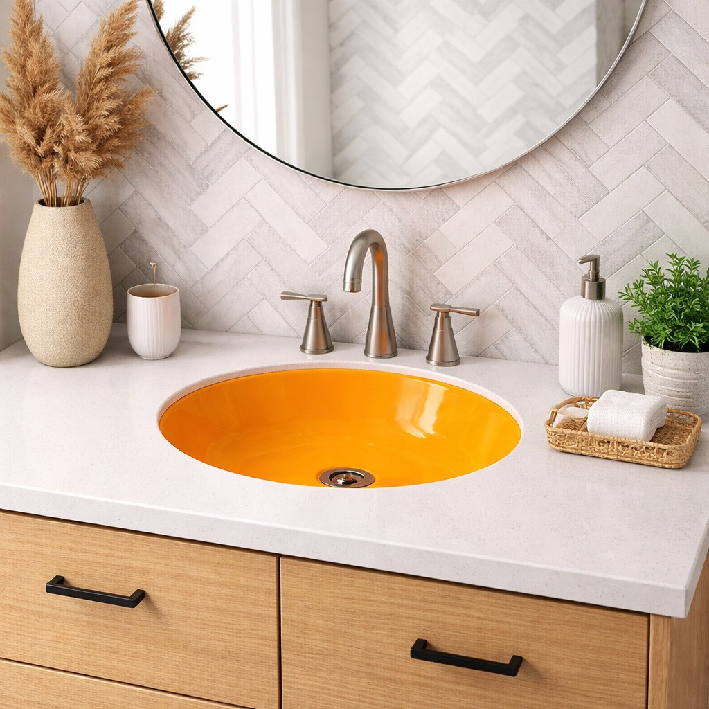 Round Mexican bathroom sink solid orange talavera design in modern bathroom with clean neutral finishes
