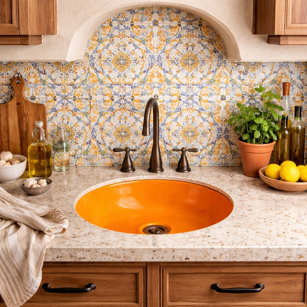 Round Mexican bathroom sink solid orange talavera design in Mediterranean kitchen with natural light