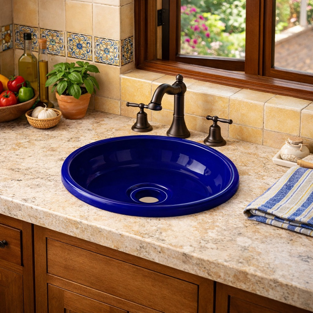 Round talavera bathroom sink solid cobalt blue design in Mediterranean kitchen with natural light