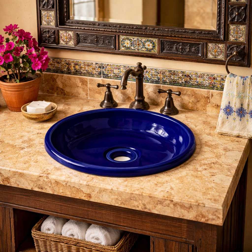 Round talavera bathroom sink solid cobalt blue design in hacienda bathroom with rustic wood vanity