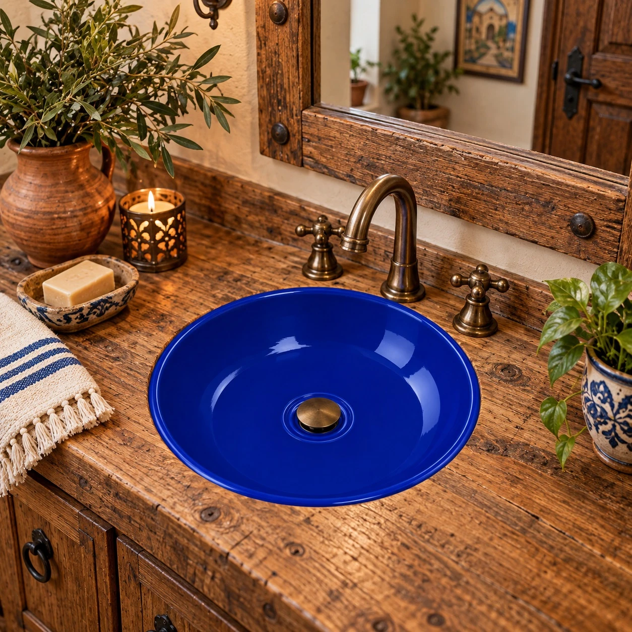 Round talavera bathroom sink solid cobalt blue design in a rustic wood vanity