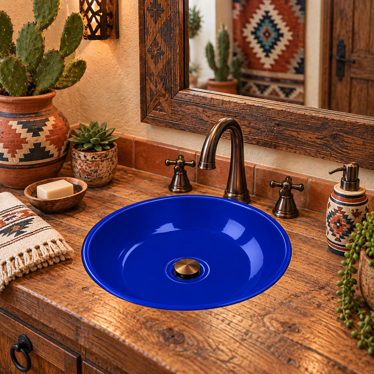 Round talavera bathroom sink solid cobalt blue design in a Southwestern interior