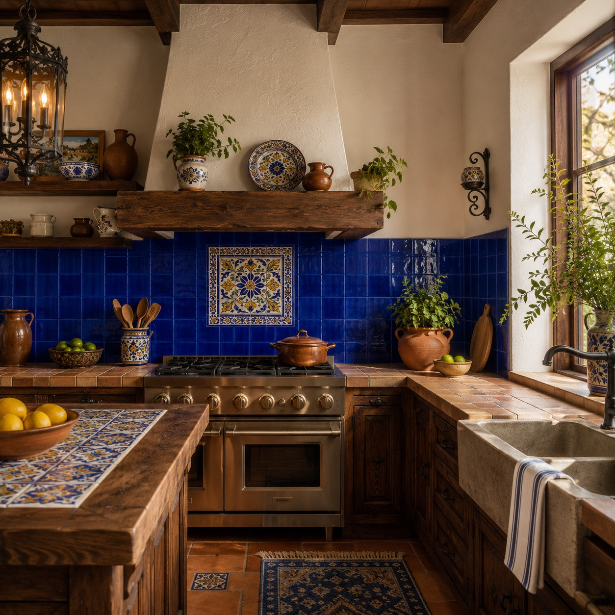 Mexican dark blue tiles with rich cobalt glaze installed as a vibrant backsplash in a Spanish kitchen with warm rustic details