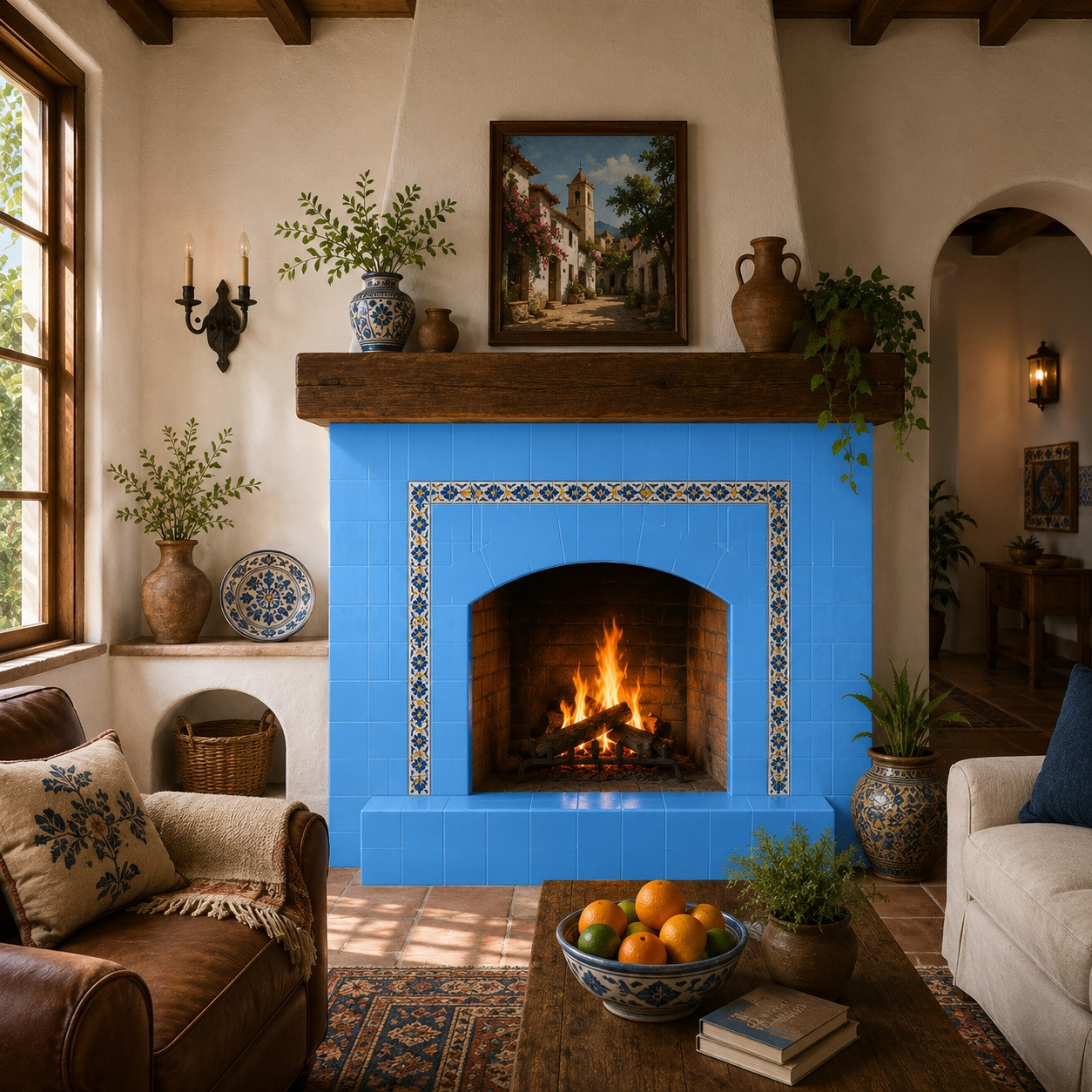 Mexican solid light blue talavera tiles for walls and backsplashes surrounding a traditional Spanish fireplace