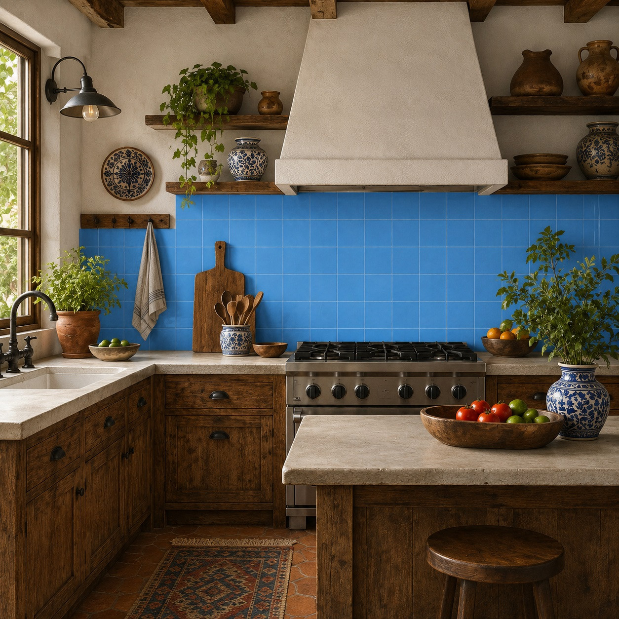 Mexican solid light blue talavera tiles for walls and backsplashes installed in a rustic kitchen with warm wood accents