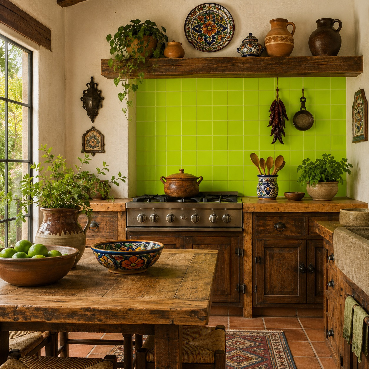 Mexican solid lime green talavera tiles for walls and backsplashes installed in a rustic kitchen with warm wood and artisan details