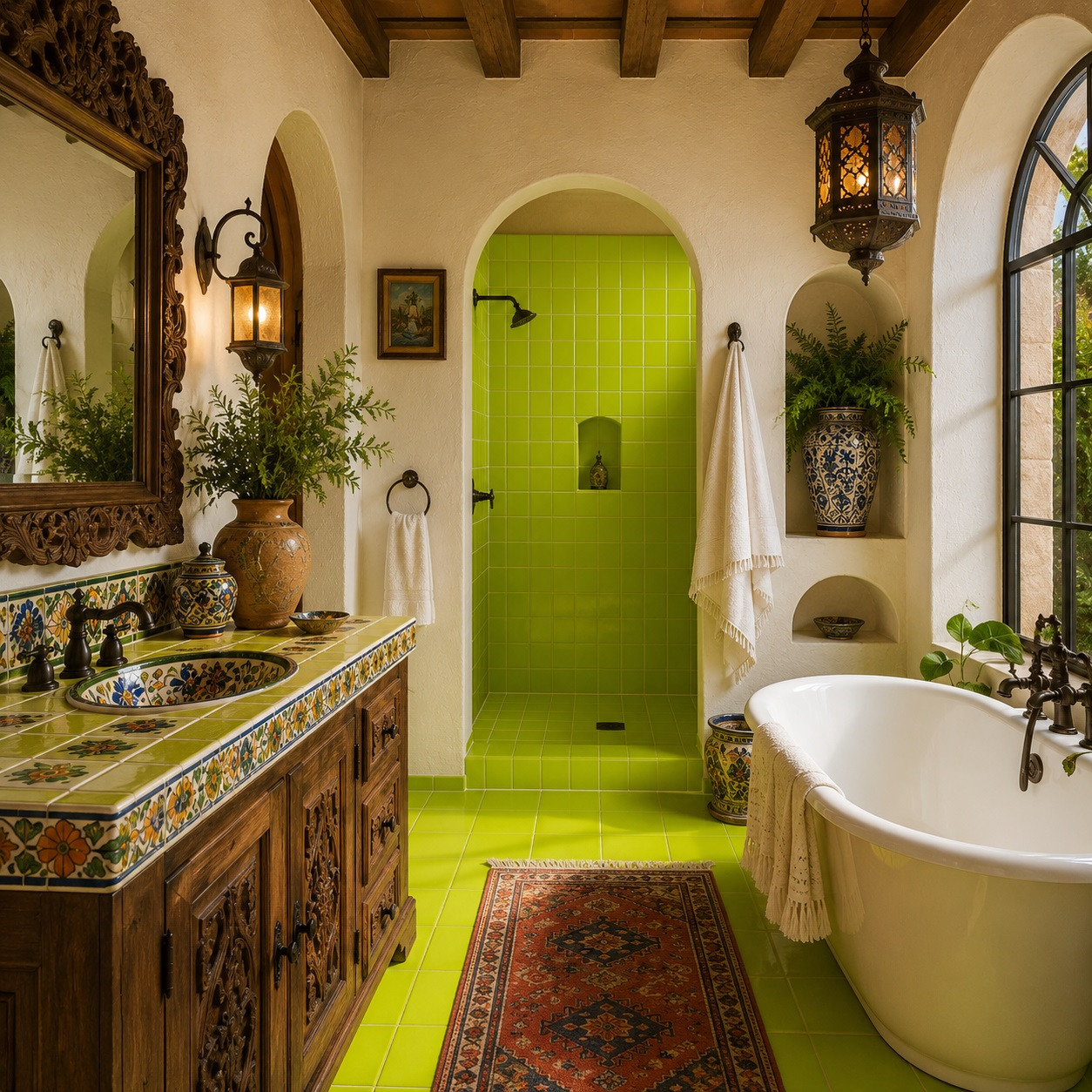 Mexican solid lime green talavera tiles for walls and backsplashes featured in a bright hacienda bathroom with handcrafted Mexican character