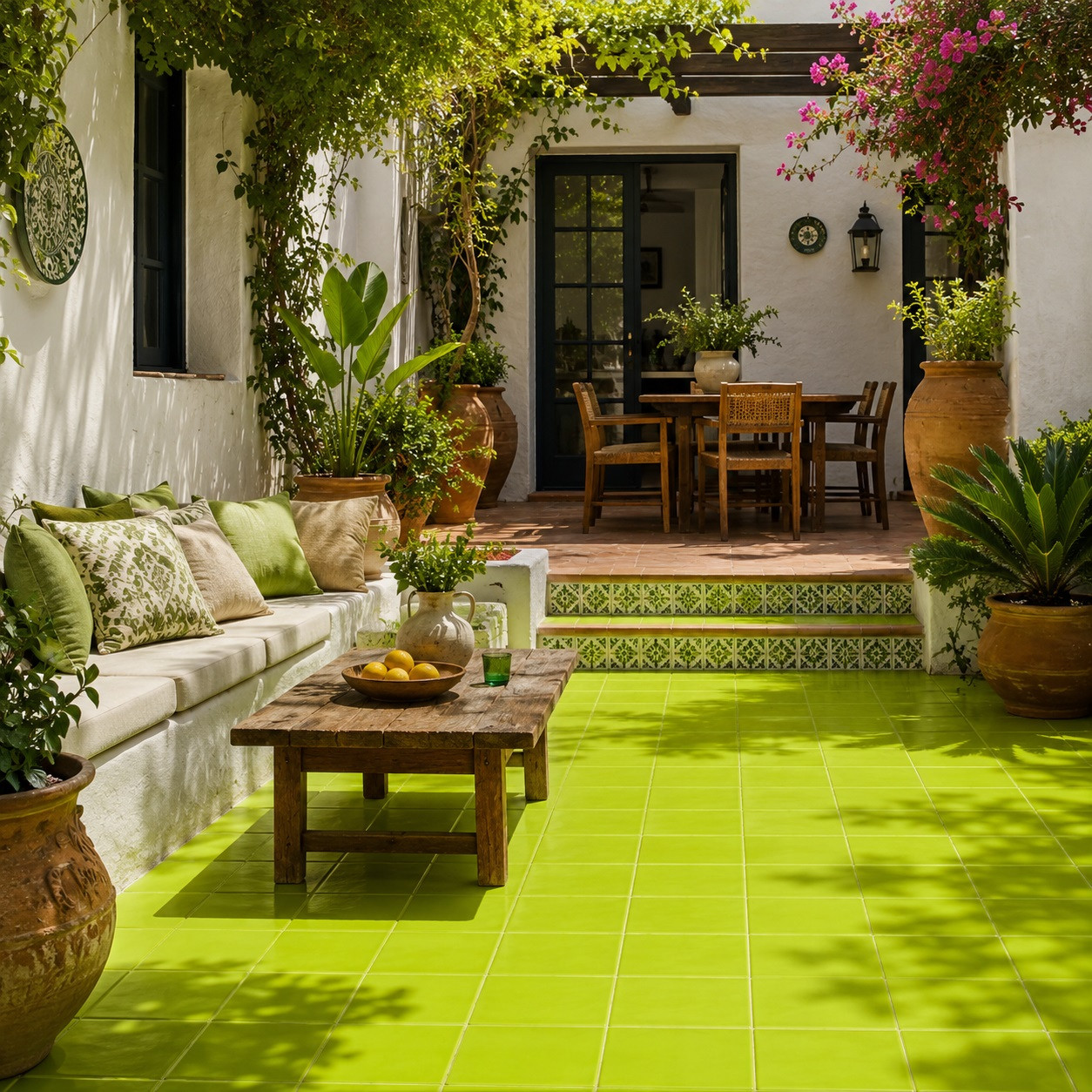 Mexican solid lime green talavera tiles for walls and backsplashes decorating a Mediterranean patio with timeless outdoor elegance