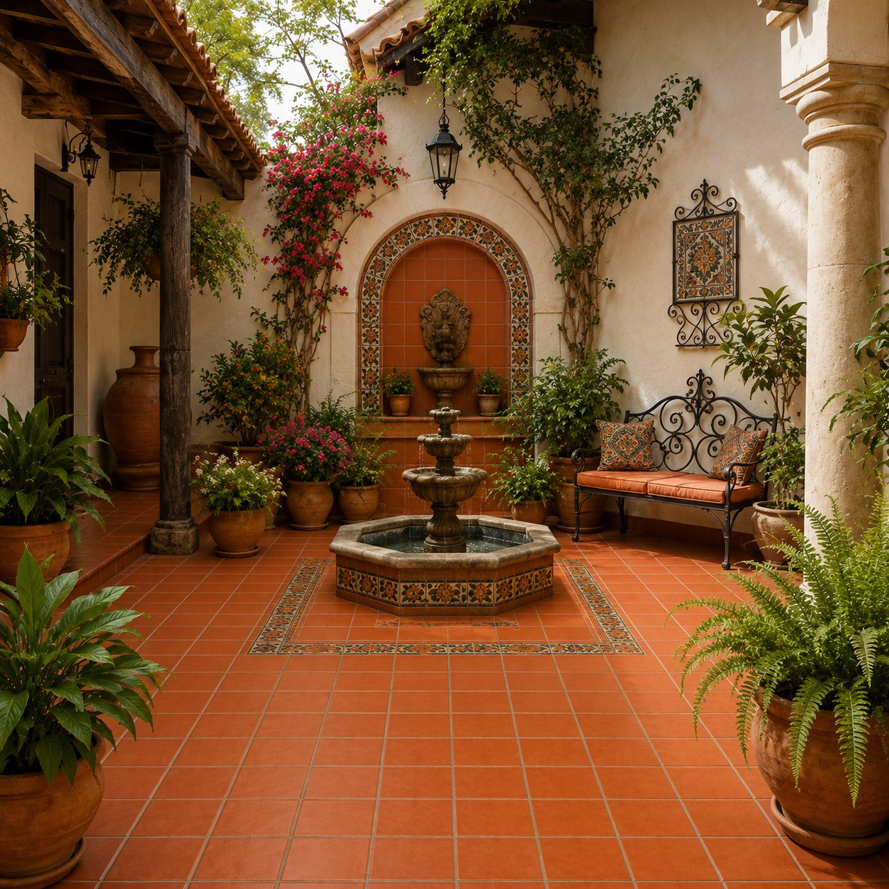 Mexican terra cotta talavera tiles for walls and backsplashes in a Spanish courtyard with terracotta accents