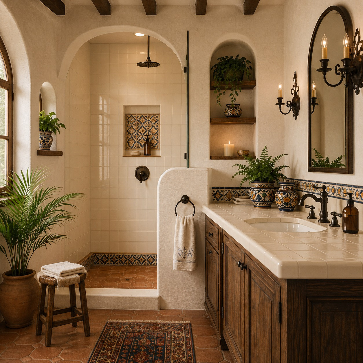 Mexican off white talavera tiles for walls and backsplashes installed in a hacienda bathroom with handcrafted architectural details