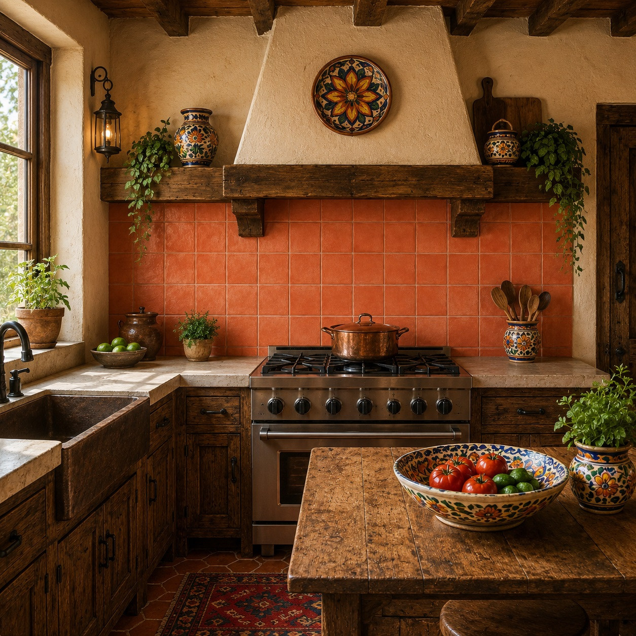 Mexican washed terra cotta talavera tiles for walls and backsplashes featured in a rustic kitchen with warm wood cabinetry and natural textures