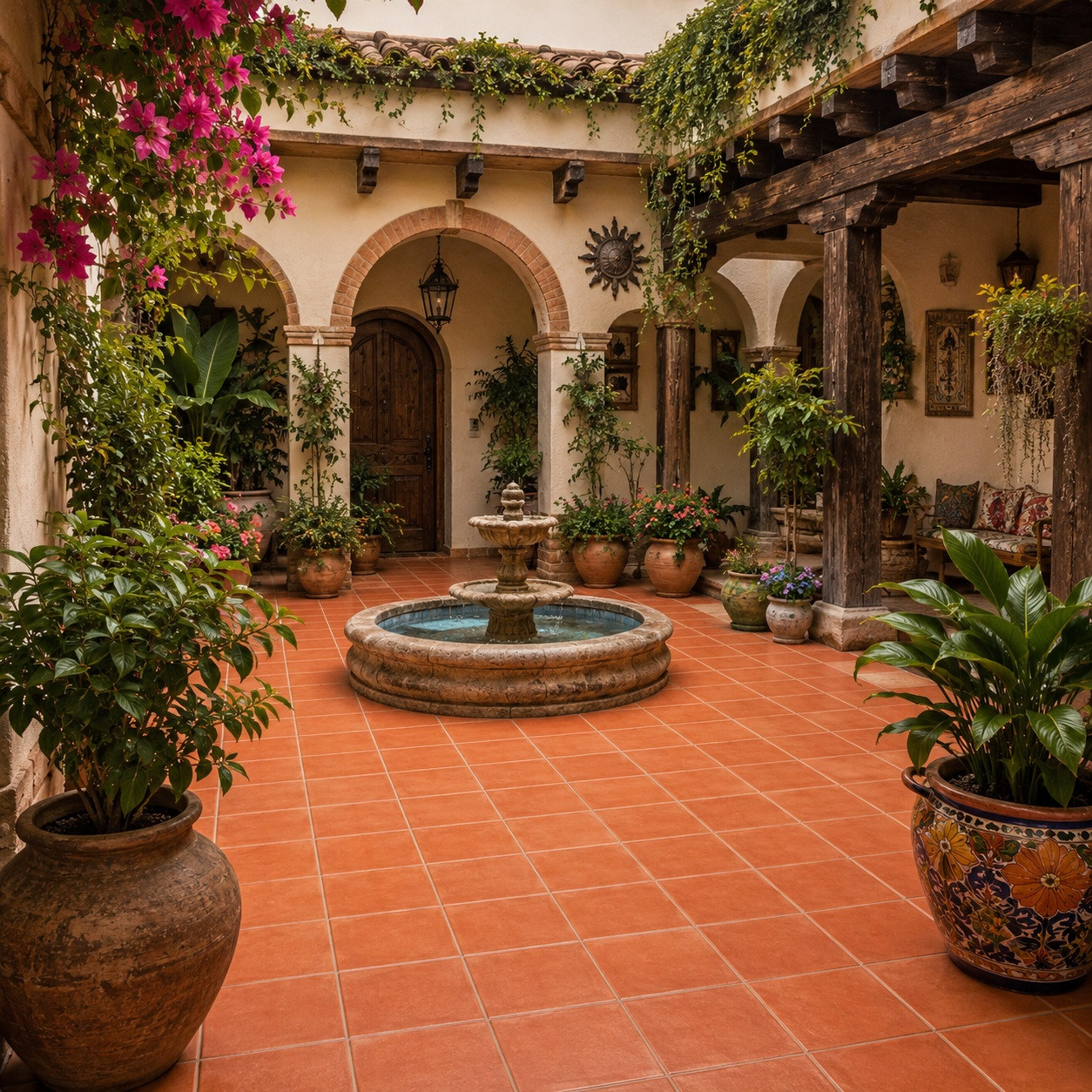 Mexican washed terra cotta talavera tiles for walls and backsplashes decorating a Spanish courtyard with arches, stonework, and greenery