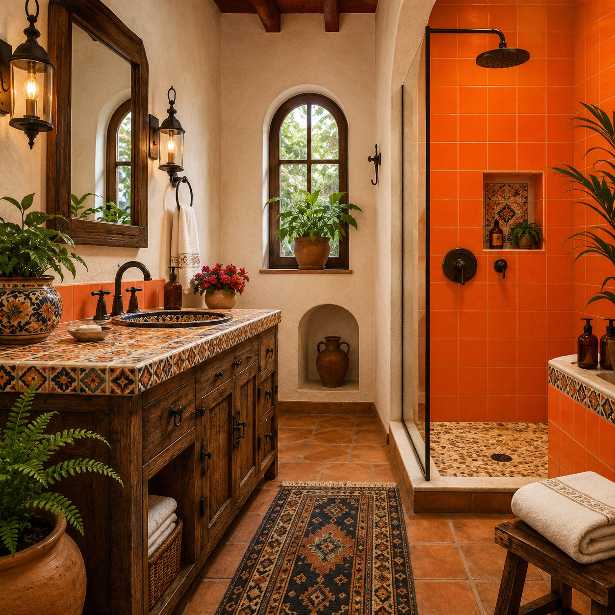 Mexican solid orange talavera tiles featured in a hacienda bathroom adding warmth, color, and artisan character
