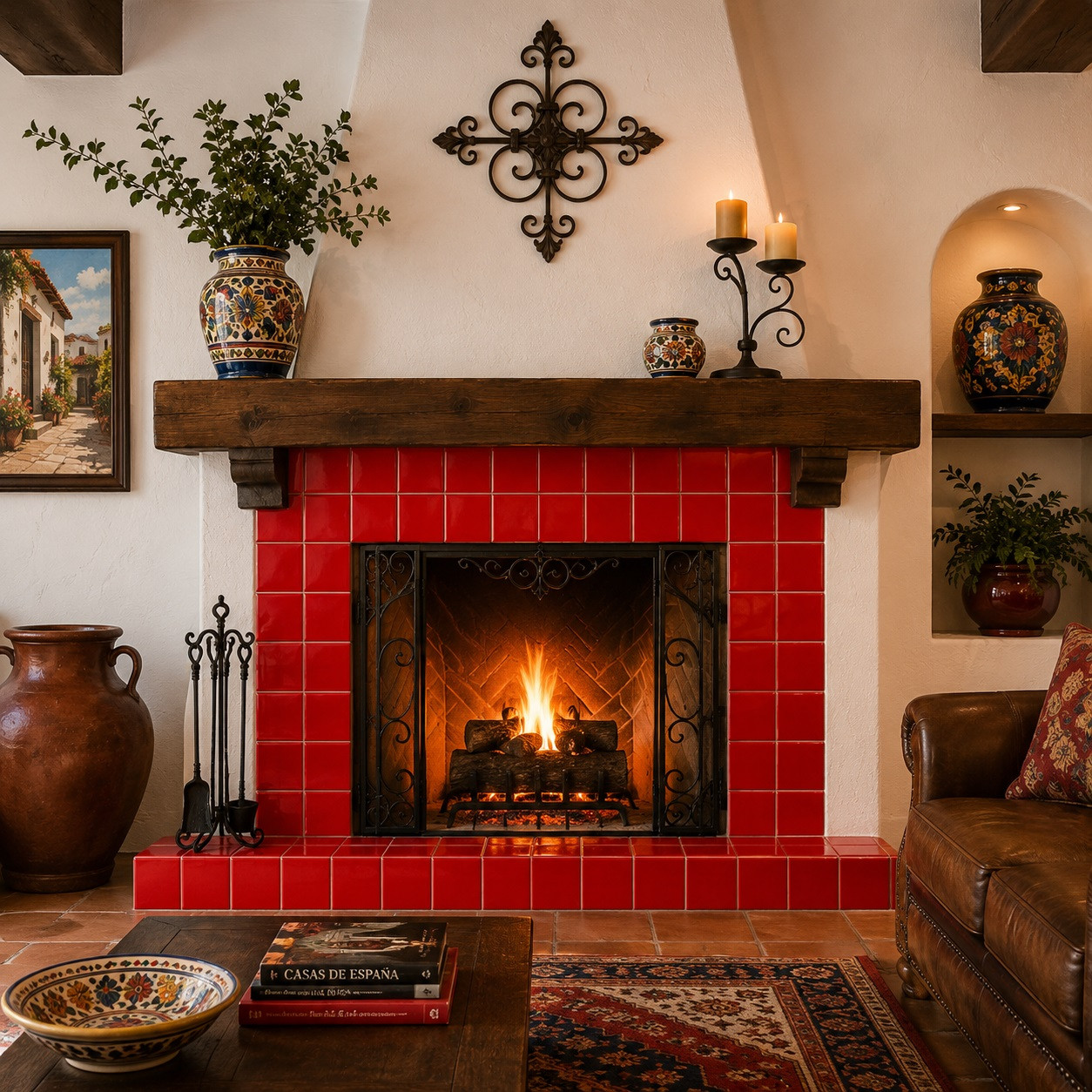 Handmade solid red Mexican talavera tiles for bold vibrant interiors surrounding a Spanish fireplace with warm traditional character