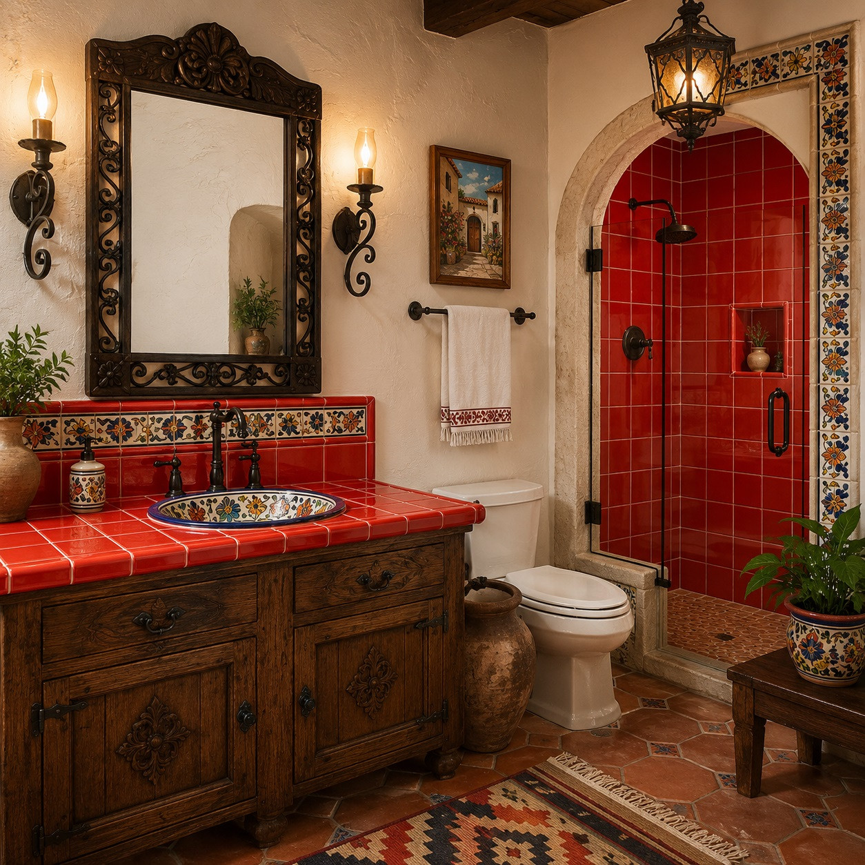 Handmade solid red Mexican talavera tiles for bold vibrant interiors featured in a hacienda bathroom with artisan architectural details