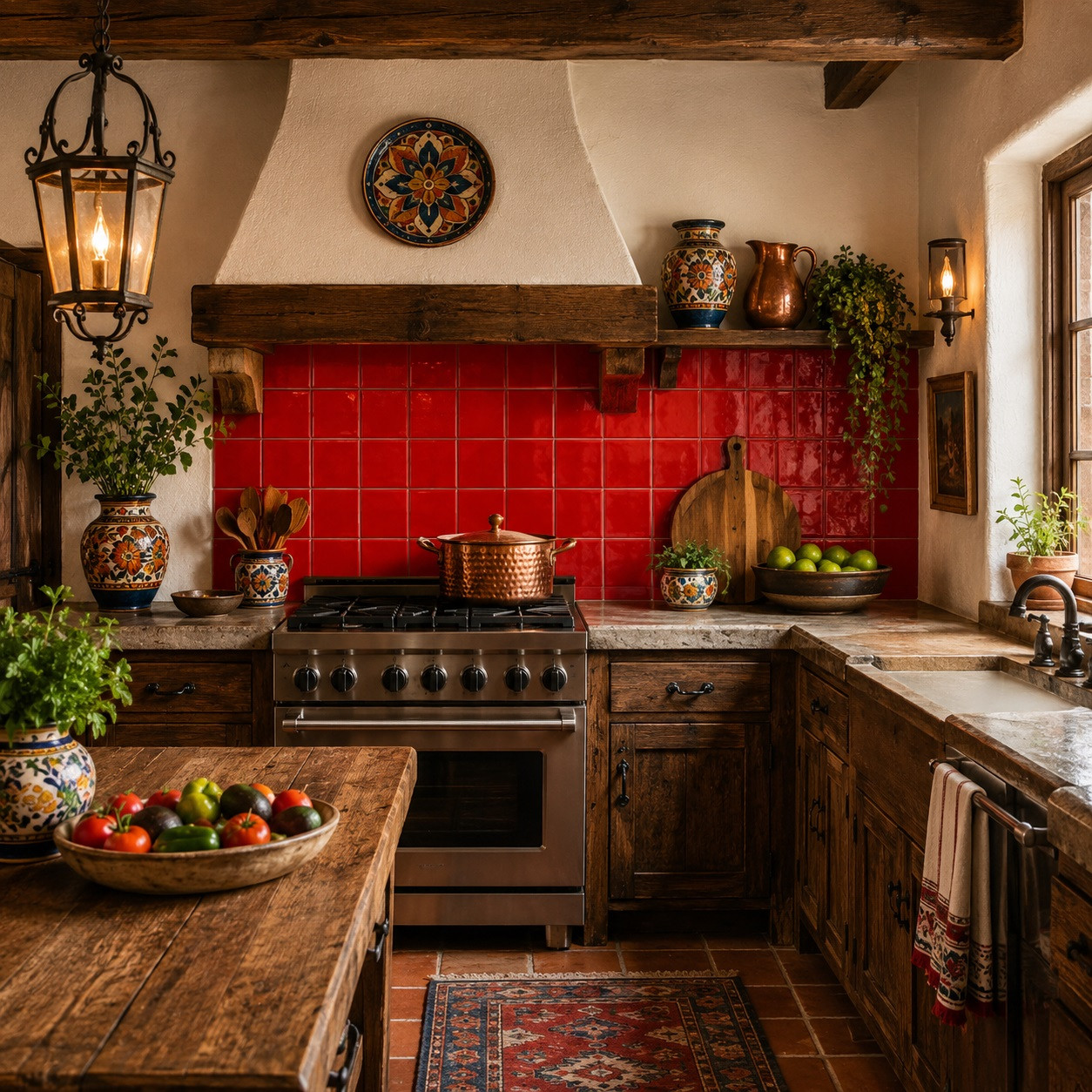 Handmade solid red Mexican talavera tiles for bold vibrant interiors installed as a backsplash in a rustic kitchen with natural wood accents