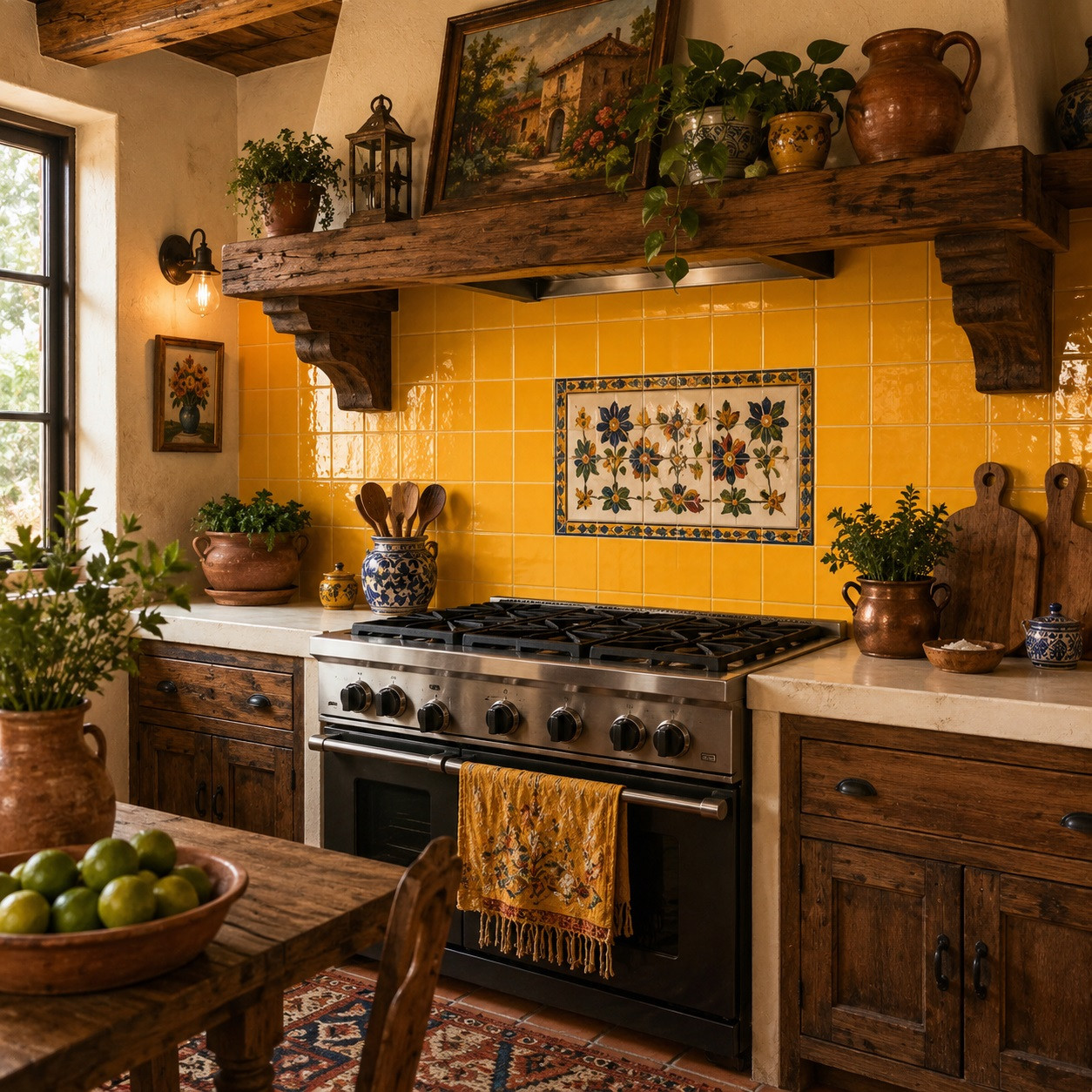 Handmade solid yellow Mexican talavera tiles for warm vibrant interiors installed as a rustic kitchen backsplash with wood accents