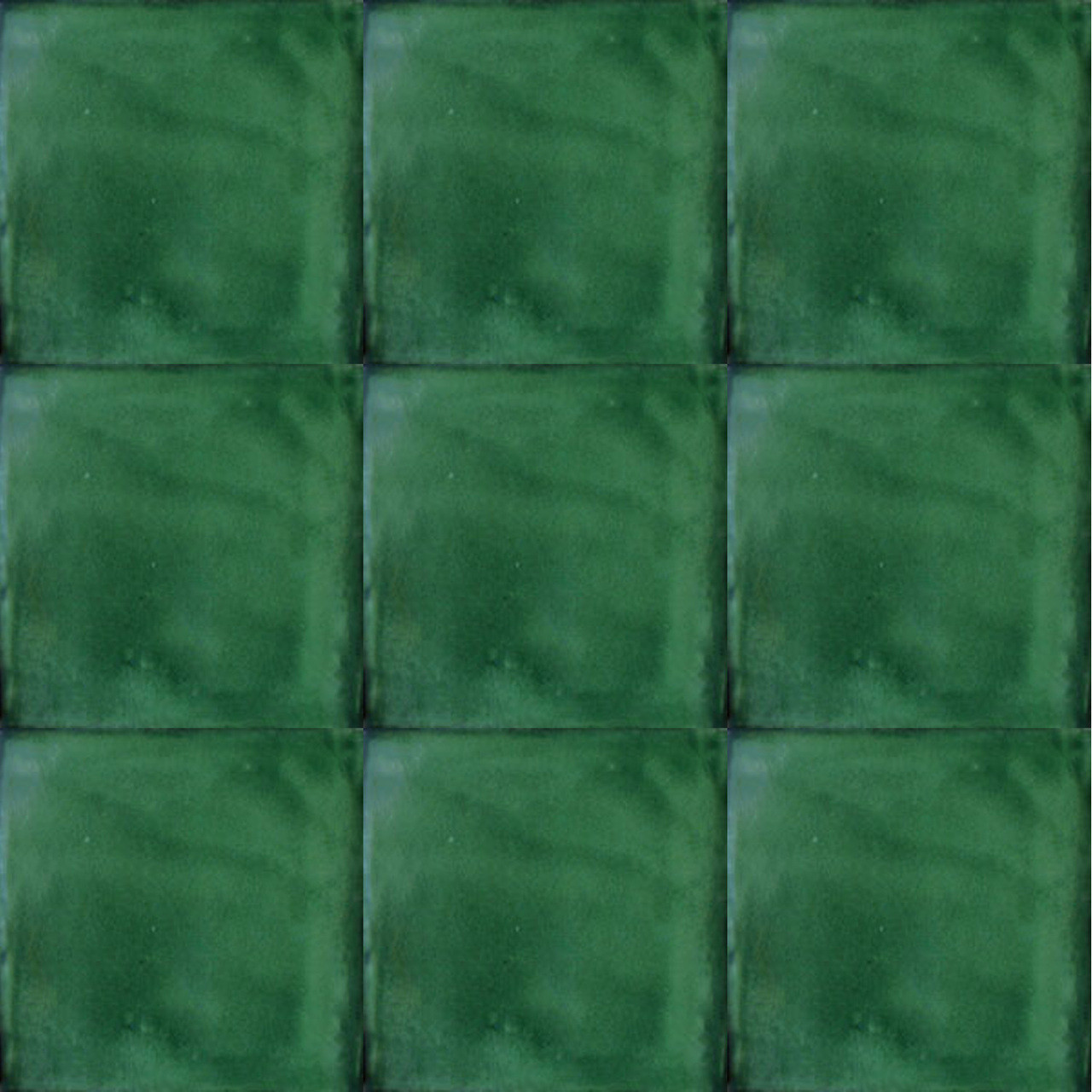 Nine washed green Mexican ceramic tiles with forest green glaze and handcrafted artisan finish