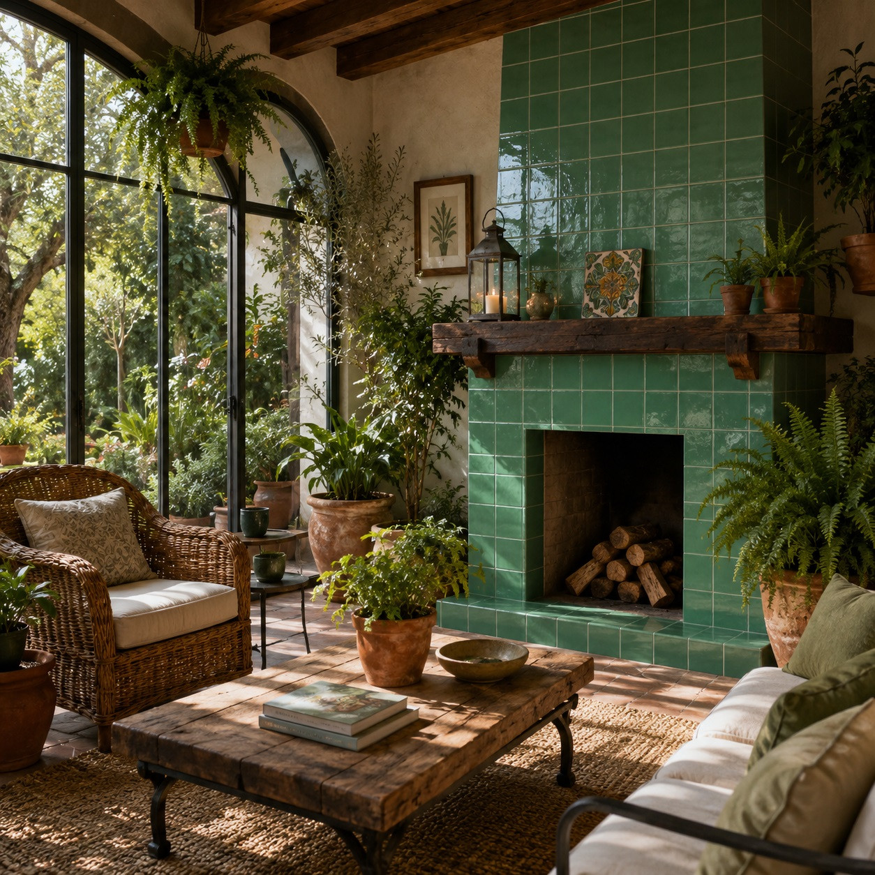 Handmade washed green Mexican talavera tiles for serene interiors complementing a garden room with rustic textures and natural light