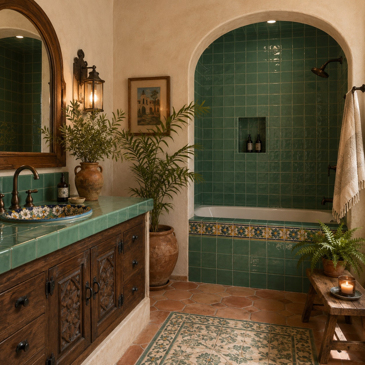 Handmade washed green Mexican talavera tiles for serene interiors installed in a hacienda bathroom with artisan architectural details