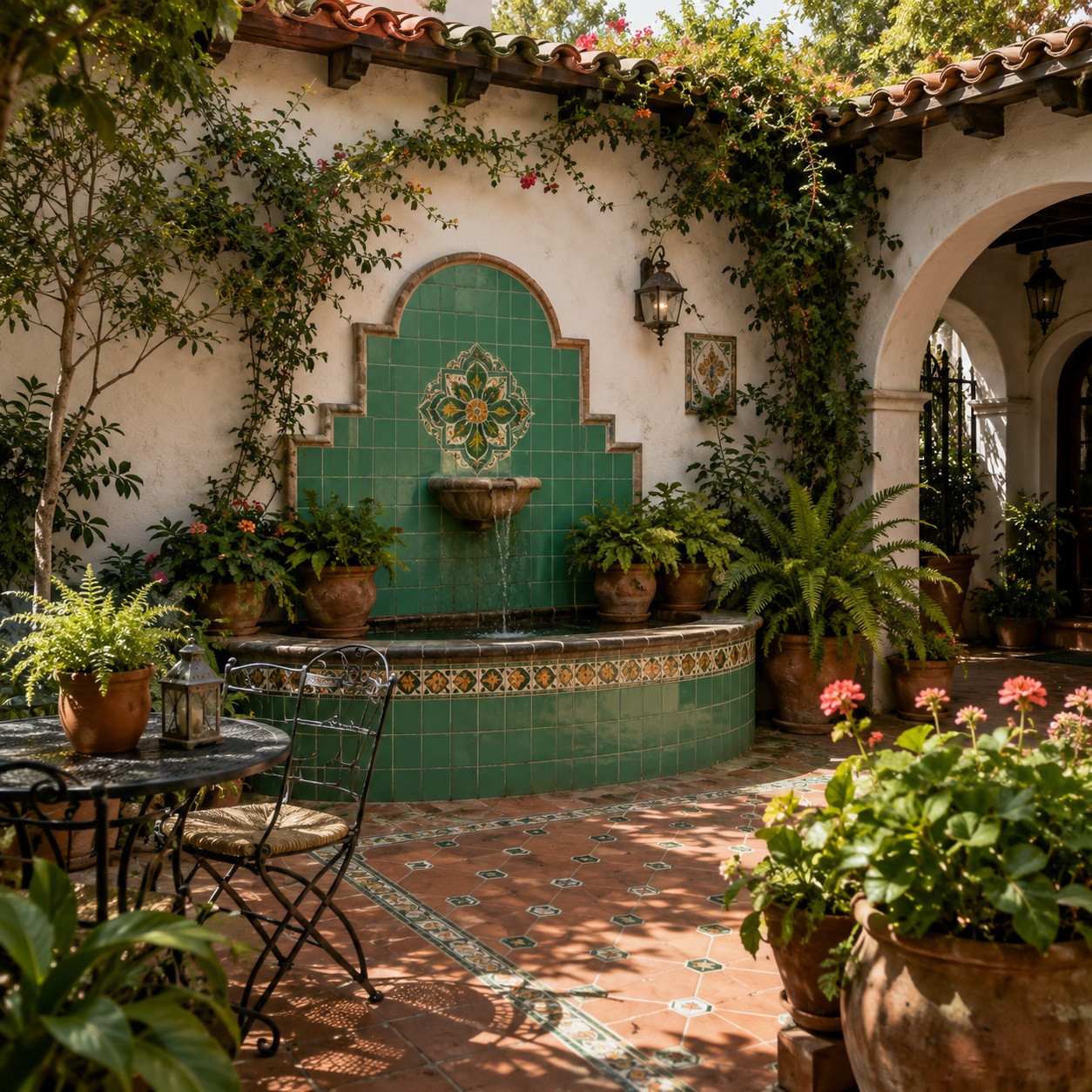 Handmade washed green Mexican talavera tiles for serene interiors enhancing a Spanish courtyard with fountain and garden accents