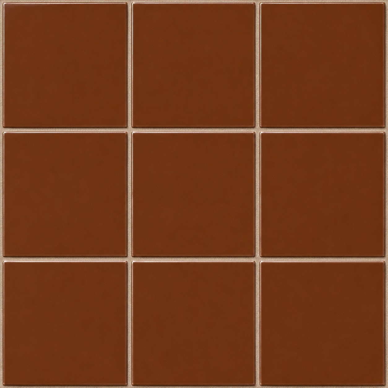 Solid coffee brown Mexican talavera tiles arranged in a 3x3 tile set with matching grout