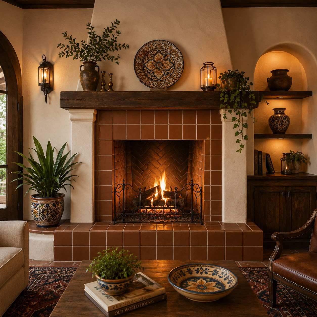 Solid coffee brown Mexican talavera tiles surrounding a Spanish fireplace with traditional architectural details