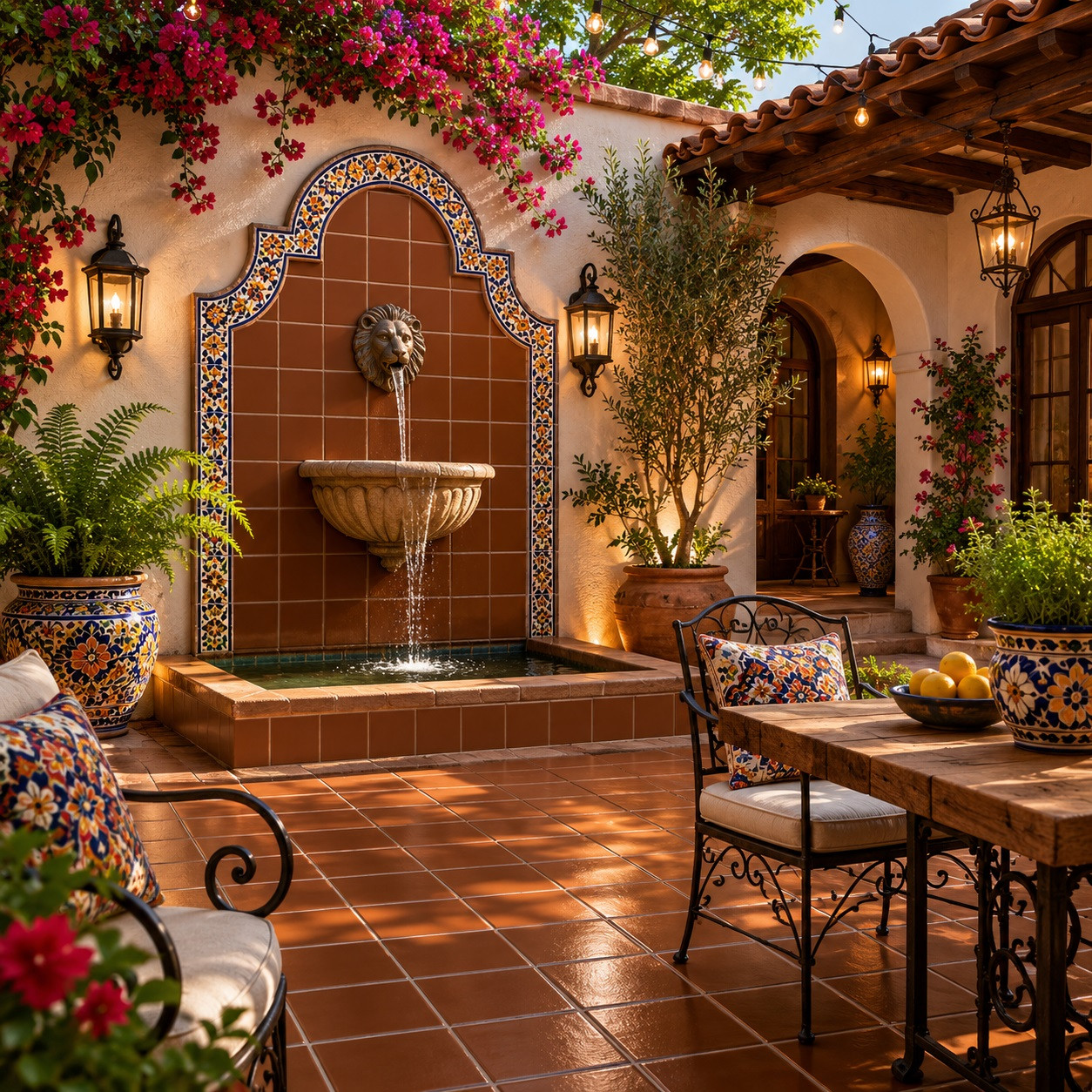 Solid coffee brown Mexican talavera tiles enhancing a Mediterranean courtyard with stone textures and warm tones