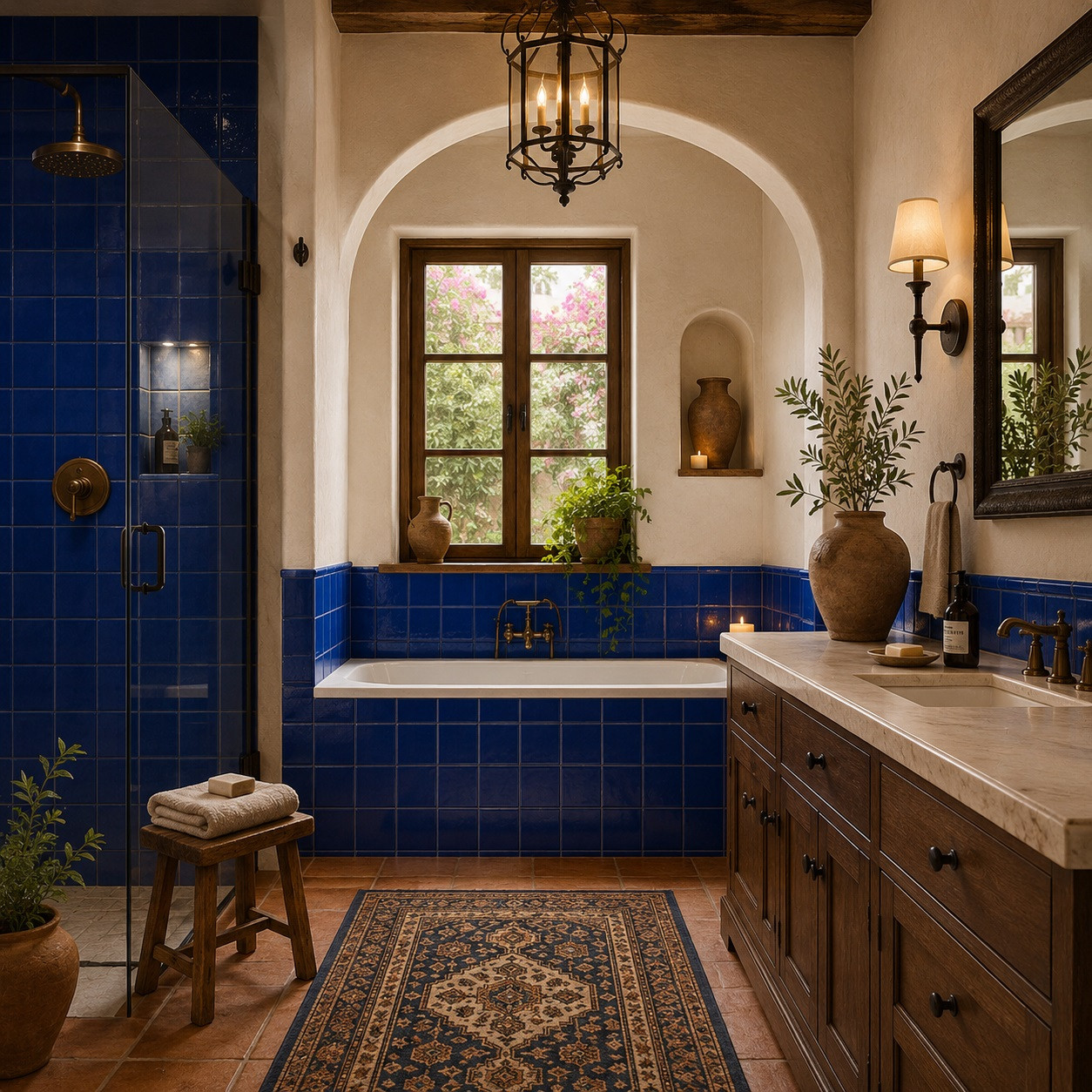 Washed blue Mexican talavera tiles creating a spa bathroom retreat with calming artisan elegance